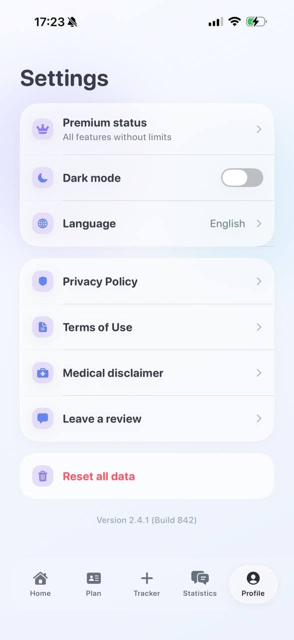 PainFlow settings screen
