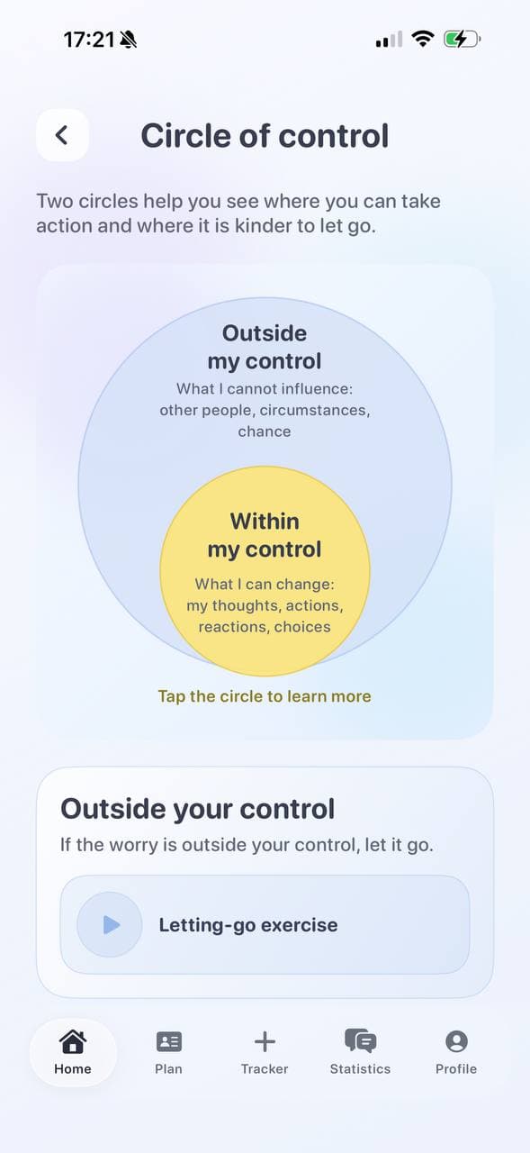 PainFlow circle of control screen